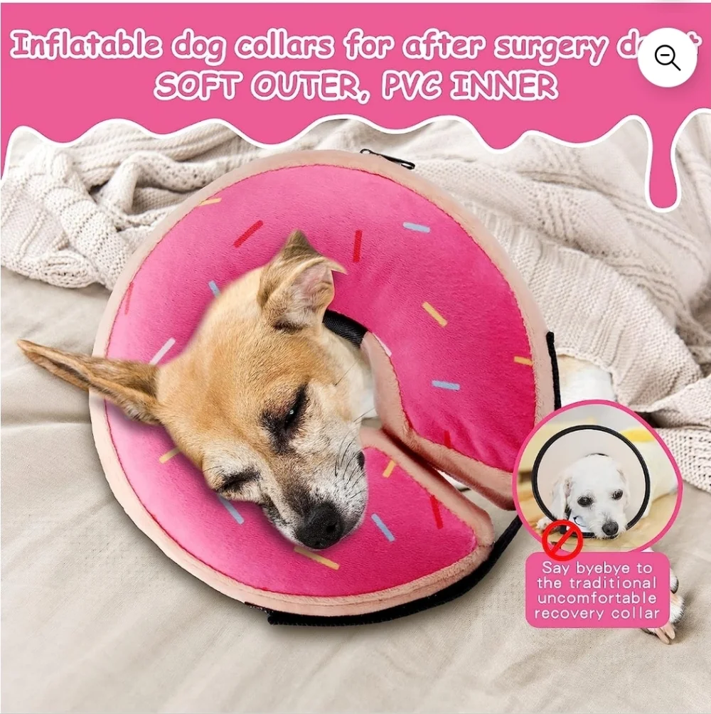 Soft Pink Donut Inflatable Dog Cone E Collar Post Surgery Recovery Size L